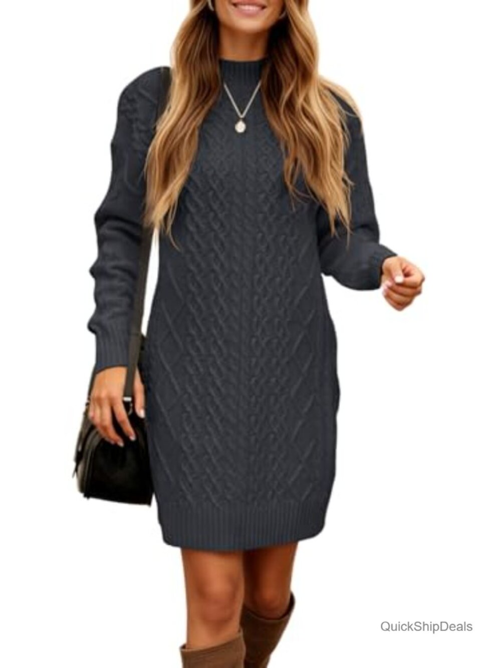 Cable Knit Mini Sweater Dress Mock Neck Long Sleeve Slim Fit